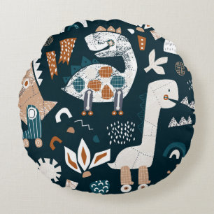 Cojín Redondo Patrón ininterrumpido infantil con dinosaurio dibu