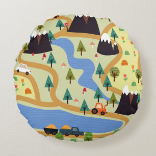 Cojín Redondo Patrón ininterrumpido infantil con montañas, río, 