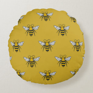 Cojín Redondo Patrón inmaculado con abejas amarillas. Handdra