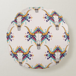 Cojín Redondo patrón inmaculado de tribal vintage con cráneo tor