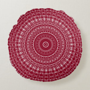 Cojín Redondo Patrón Intrincado de Mandala Burgundy y Blanco