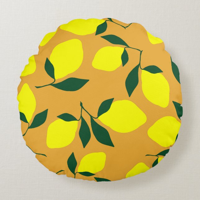 Cojín Redondo Patrón limón simple, fondo naranja. (Anverso)