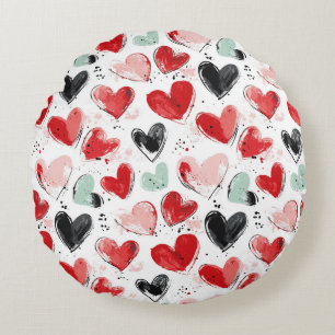 Cojín Redondo patrón lindo con los corazones pintados acuarela