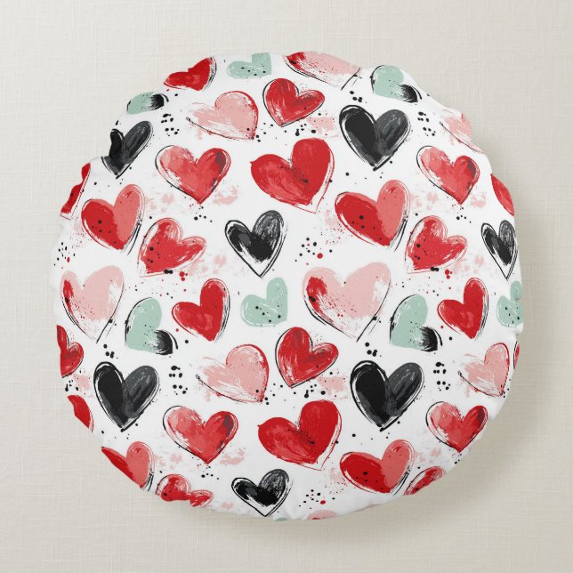 Cojín Redondo patrón lindo con los corazones pintados acuarela (Anverso)