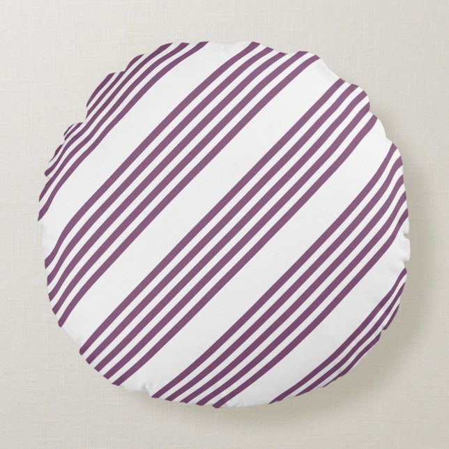 Cojín Redondo Patrón malva morado y blanco de cinco rayas (Anverso)