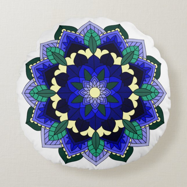 Cojín Redondo Patrón Mandala 02 en Cushion redondo azul oscuro (Anverso)