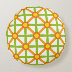 Cojín Redondo Patrón naranja verde y amarillo de inspiración ret