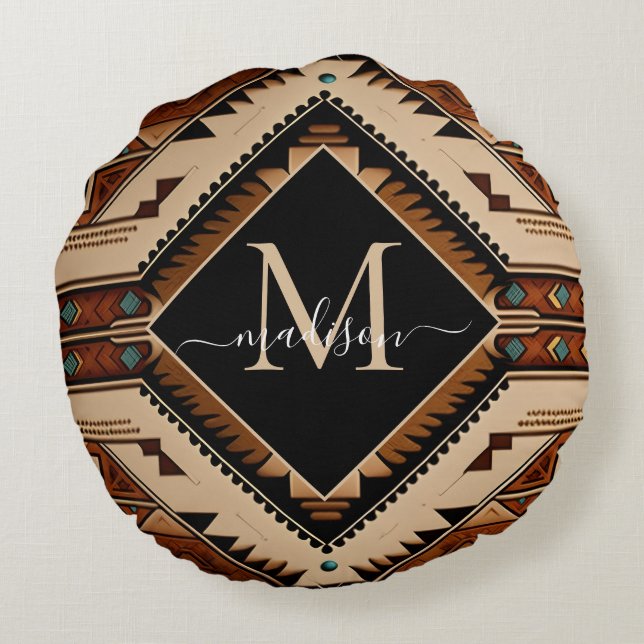 Cojín Redondo Patrón nativo americano estilo boho cultura india (Reverso)