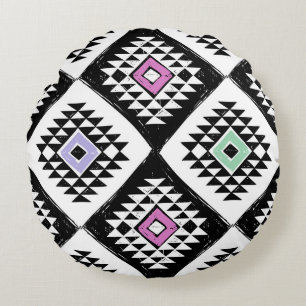 Cojín Redondo Patrón Navajo tribal blanco negro