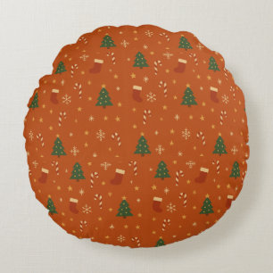 Cojín Redondo Patrón Navideño Adorable – Caramelos, Árboles 
