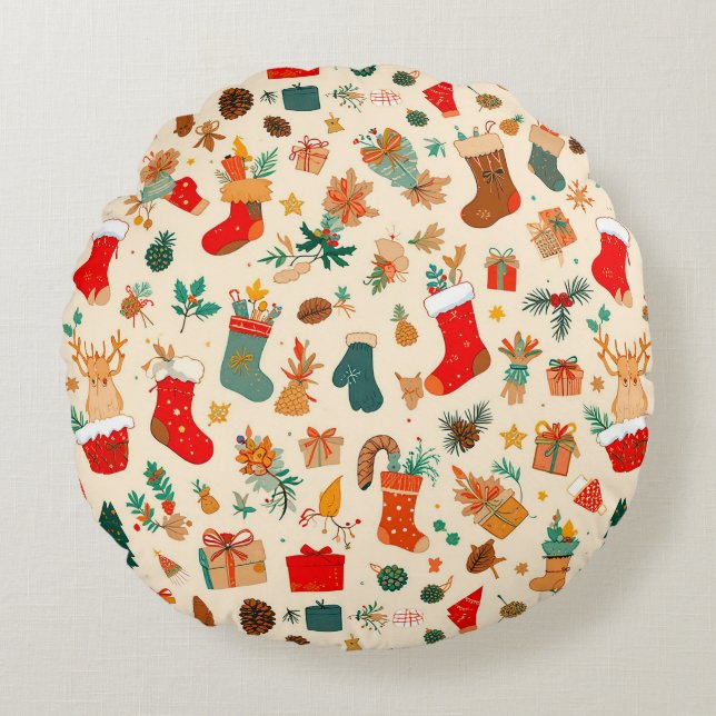 Cojín Redondo Patrón navideño colorido (Anverso)