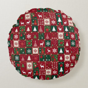 Cojín Redondo Patrón Navideño Festivo de Cuadrícula Rojo