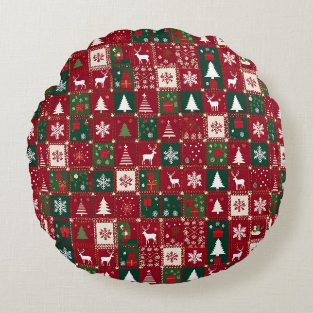 Cojín Redondo Patrón Navideño Festivo de Cuadrícula Rojo (Anverso)