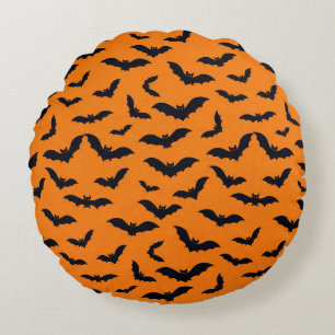 Cojín Redondo Patrón negro de murciélagos de Halloween naranja s