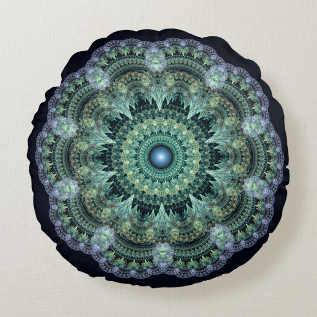 Cojín Redondo Patrón oriental fractal (Anverso)