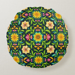 Cojín Redondo Patrón Ornamental Floral en Colores Vibrantes