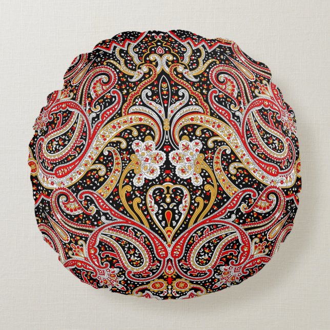 Cojín Redondo patrón paisley indio tradicional (Anverso)