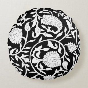 Cojín Redondo Patrón paisley indio tradicional sobre negro y wh