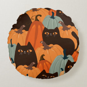 Cojín Redondo Patrón perfecto con gatos y calabazas negros