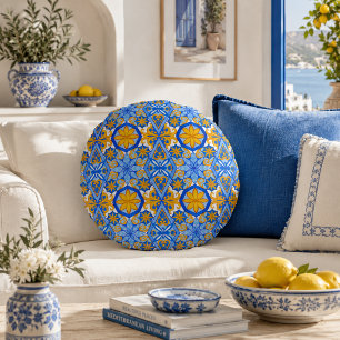 Cojín Redondo Patrón portugués azul y amarillo mediterráneo