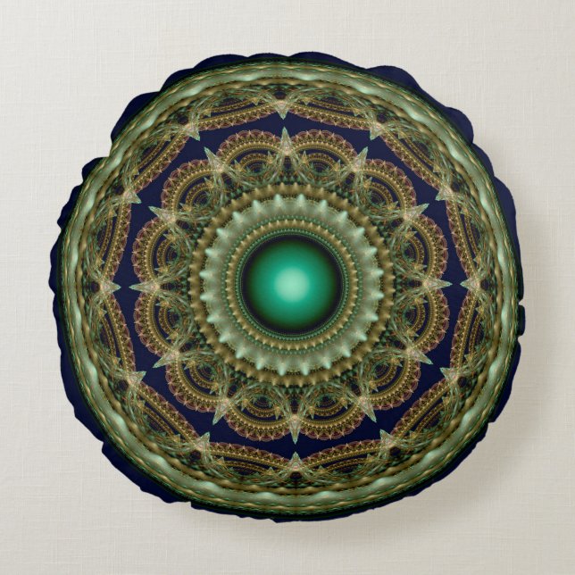 Cojín Redondo Patrón redondo fractal caleidoscópico verde (Anverso)