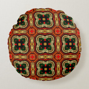 Cojín Redondo Patrón rico Boho rojo, amarillo y beige