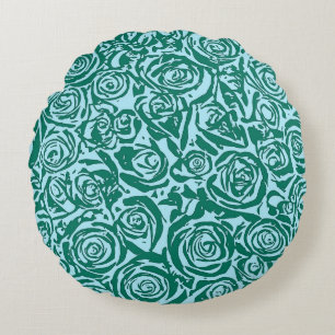 Cojín Redondo Patrón Rosa abstracto moderno, Verde azulado y Aqu