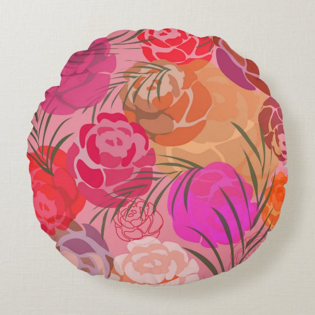 Cojín Redondo Patrón rosa con flores y plantas (Anverso)