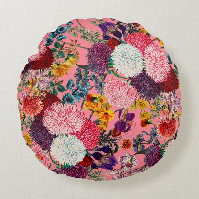 Cojín Redondo Patrón rosa floral (Anverso)