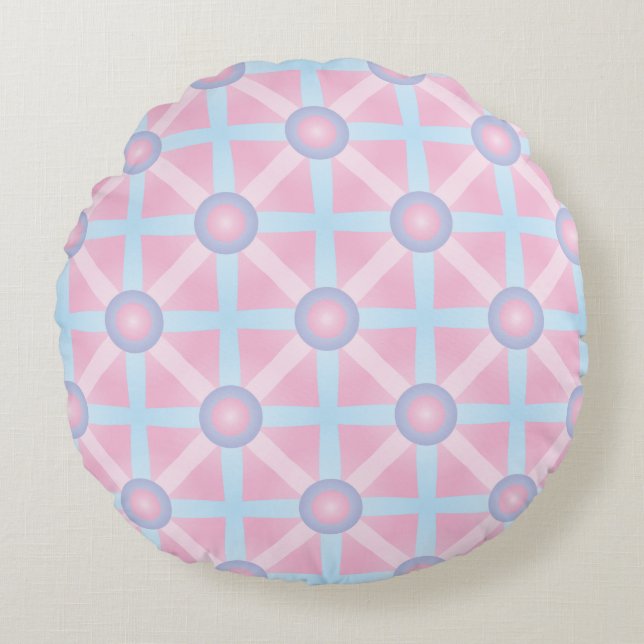 Cojín Redondo Patrón rosa, púrpura y azul claro (Anverso)