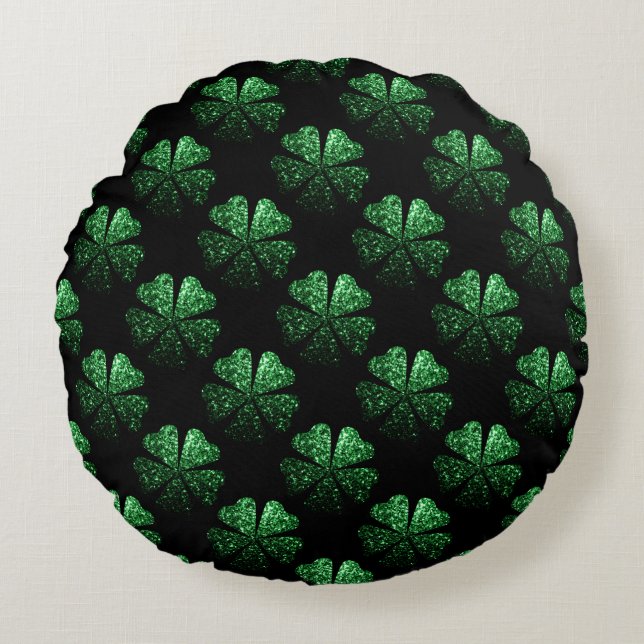 Cojín Redondo Patrón Shamrock oscuro verde brillante sobre negro (Anverso)