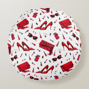 Cojín Redondo Patrón sin brillo con cosas chicas en color rojo