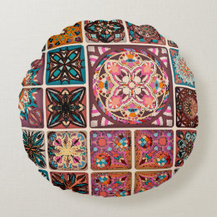 Cojín Redondo Patrón sin brillo con mandalas decorativas. Vintag