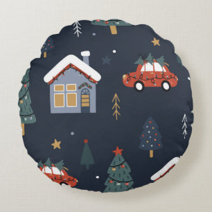 Cojín Redondo Patrón sin fisuras con árbol de navidad, auto