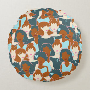 Cojín Redondo Patrón sin fisuras con chicas negros y chicas blan
