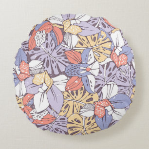 Cojín Redondo Patrón sin fisuras tropicales con orquídea y monst