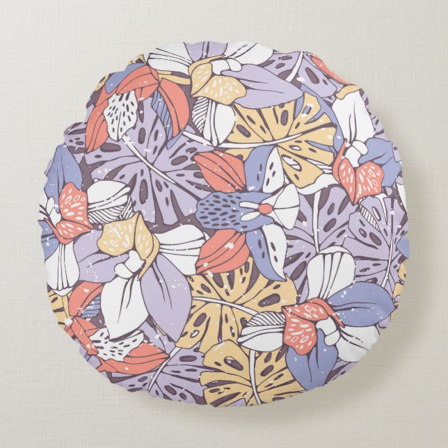 Cojín Redondo Patrón sin fisuras tropicales con orquídea y monst (Anverso)