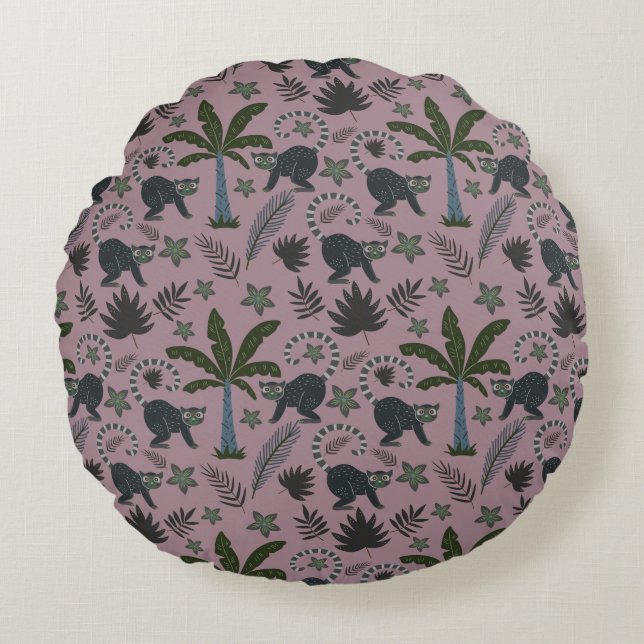 Cojín Redondo Patrón sin foco Animales tropicales saltando monos (Anverso)