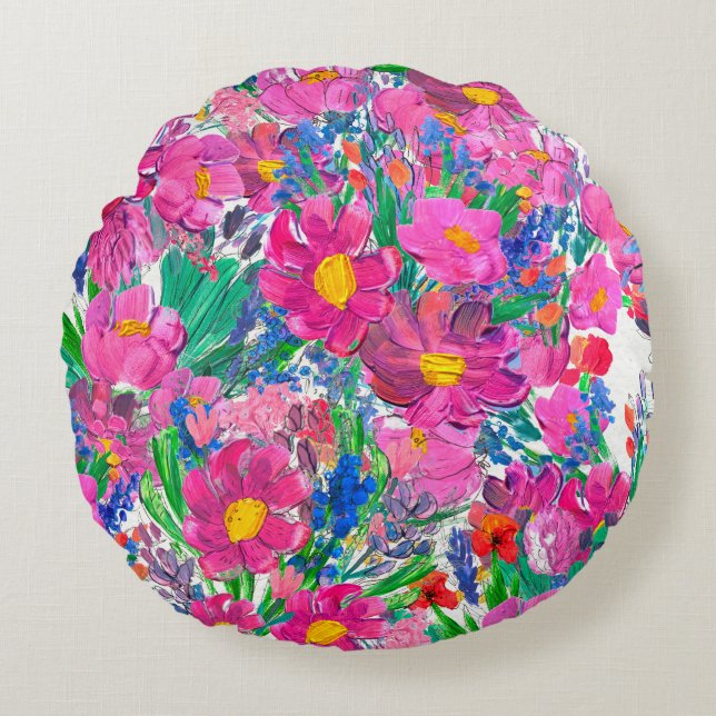 Cojín Redondo Patrón sin foco con bellas flores. Acuarela (Anverso)