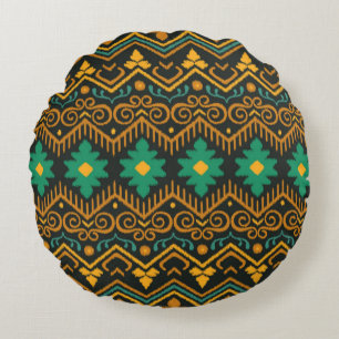 Cojín Redondo Patrón sin foco con bordado. Ikat Fabric. Eth