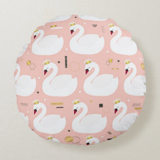 Cojín Redondo Patrón sin foco con cisnes blancos.