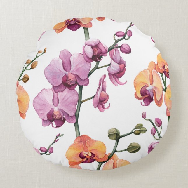 Cojín Redondo Patrón sin foco con flores de orquídea acuarela  (Anverso)
