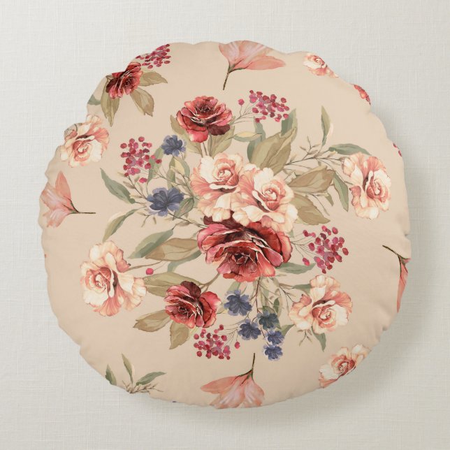 Cojín Redondo Patrón sin foco con flores y hojas. Floral p (Anverso)