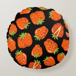 Cojín Redondo Patrón sin foco con fresas pequeñas en negro