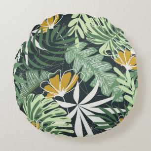 Cojín Redondo Patrón sin foco con hojas tropicales y flores 