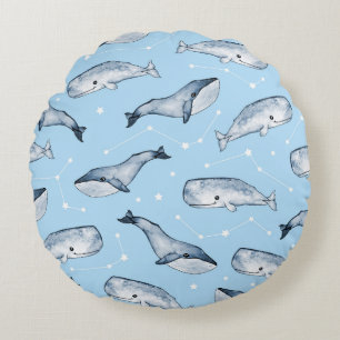 Cojín Redondo Patrón sin foco con lindas ballenas y estrellas. 