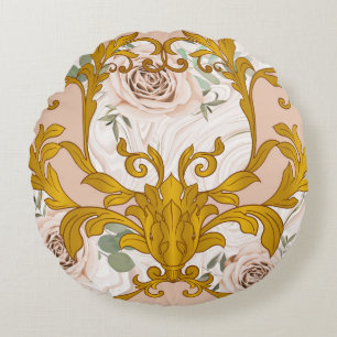 Cojín Redondo Patrón sin foco con rosas y ele barroco dorado