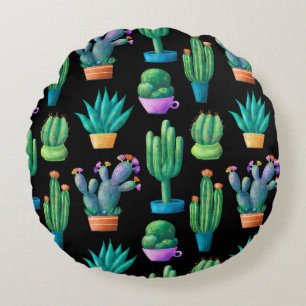 Cojín Redondo Patrón sin foco con un lindo cactus colorido, alto