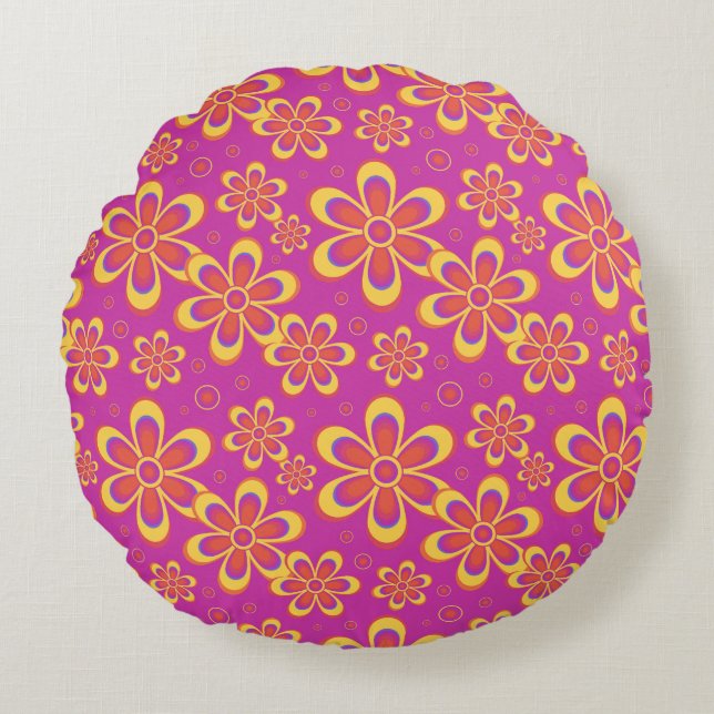 Cojín Redondo Patrón sin foco de flores moradas magenta (Anverso)