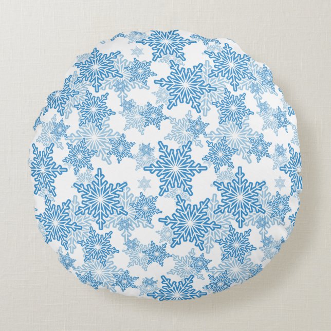Cojín Redondo Patrón sin foco del copo de nieve blanco y azul (Anverso)
